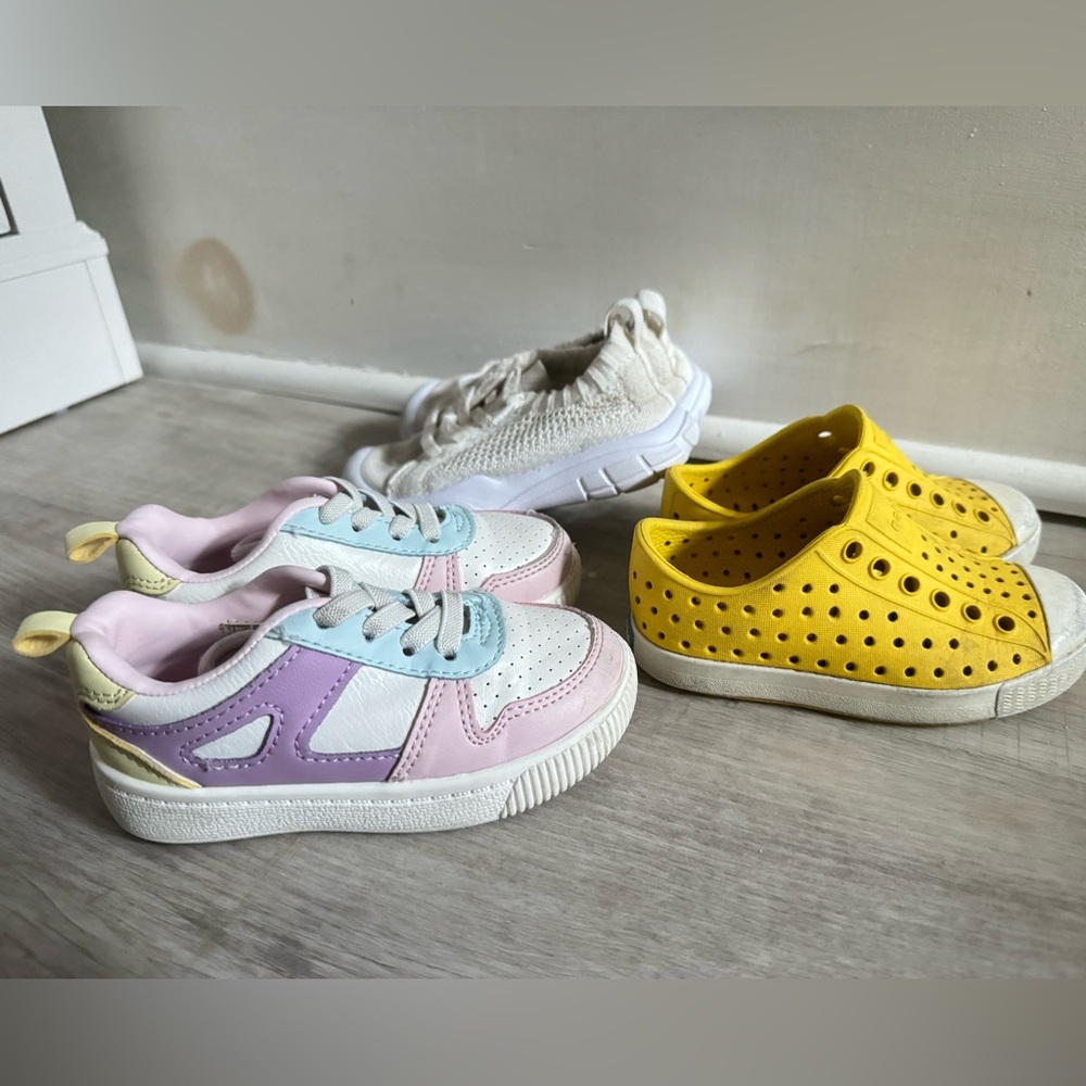 Lot of 3 pairs of toddler shoes size 6- Yellow Natives + Carters Sneakers